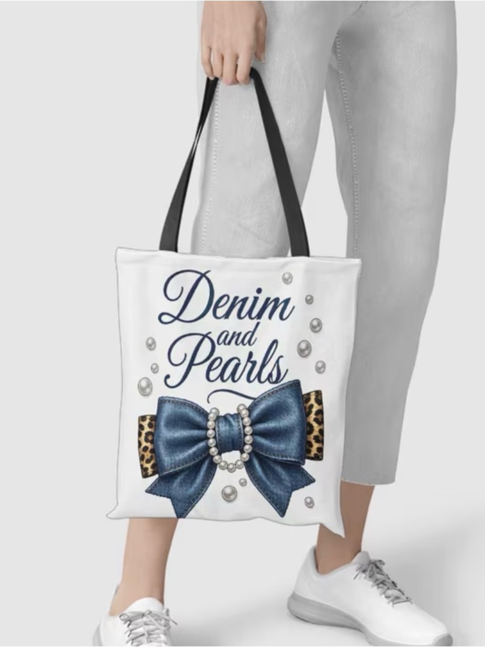 Denim and Pearls Tote Bag 15” x 14” - Picture 2 of 3